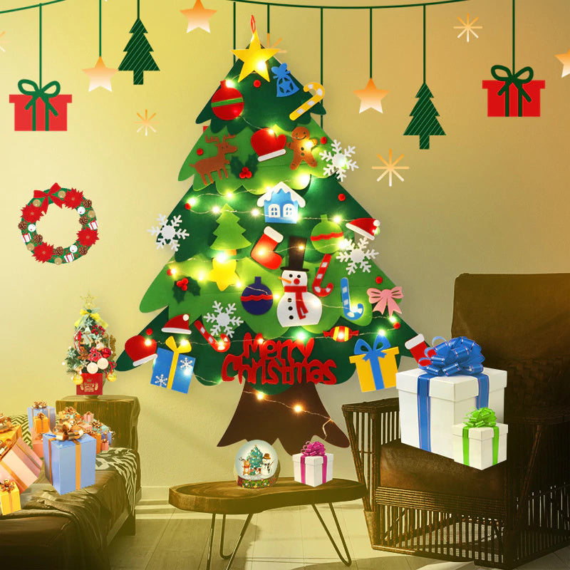 Árvore de Natal em Feltro Montessori com Enfeites e Luz Led