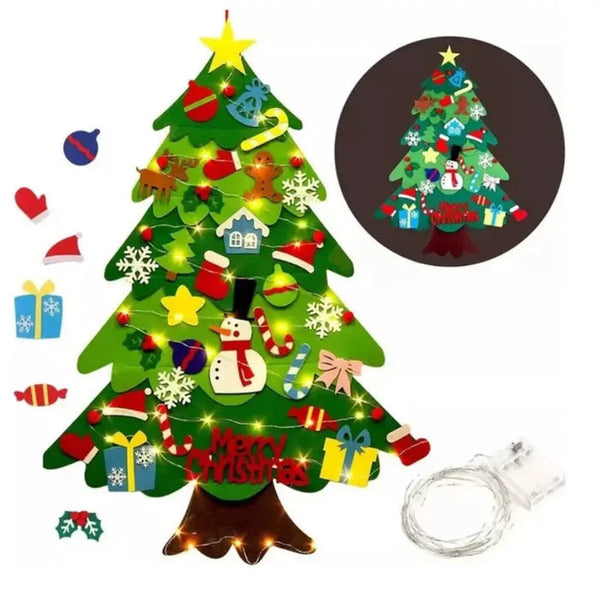 Árvore de Natal em Feltro Montessori com Enfeites e Luz Led