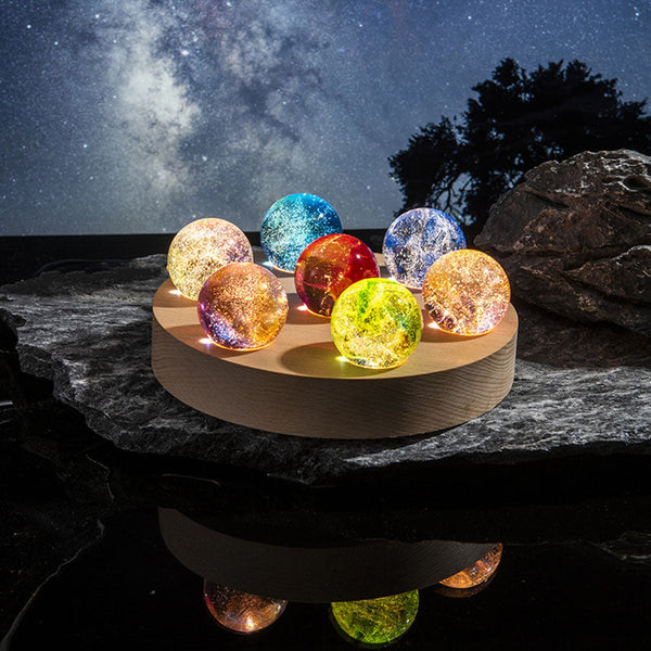 Esfera Luminária dos Chakras Led com Suporte de Madeira