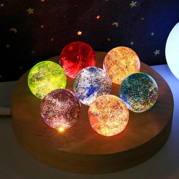 Esfera Luminária dos Chakras Led com Suporte de Madeira