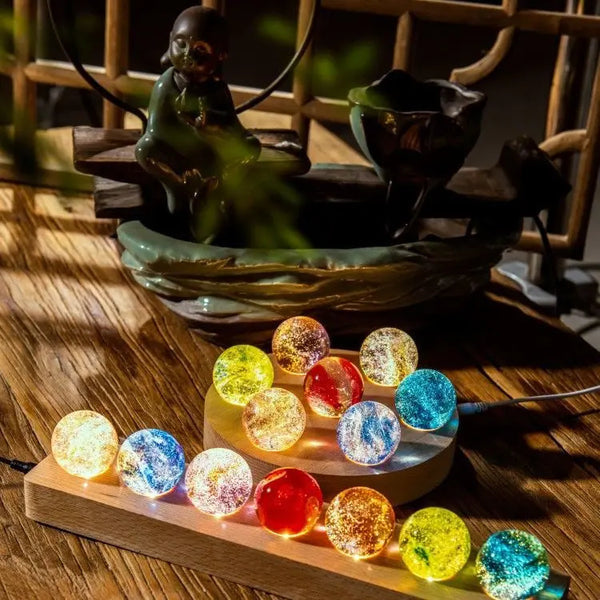 Esfera Luminária dos Chakras Led com Suporte de Madeira