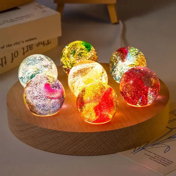 Esfera Luminária dos Chakras Led com Suporte de Madeira