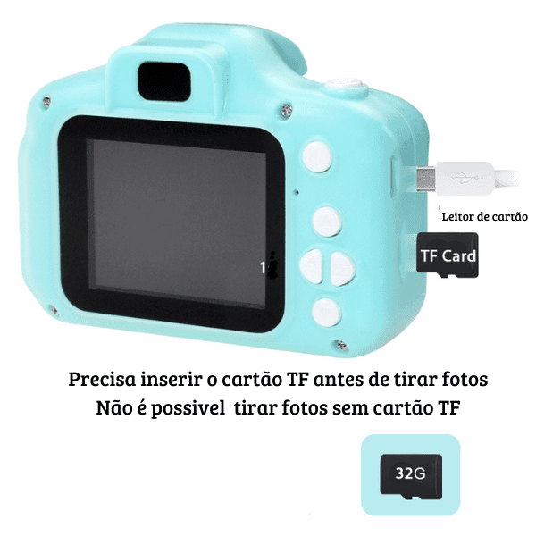 Câmera Digital Infantil 3 em 1 • Cam Kids© (Foto, Vídeo e Jogos ) + Cartão de Memória 32gb (BRINDE!)