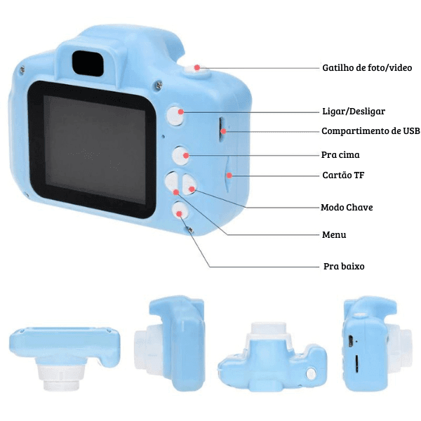 Câmera Digital Infantil 3 em 1 • Cam Kids© (Foto, Vídeo e Jogos ) + Cartão de Memória 32gb (BRINDE!)
